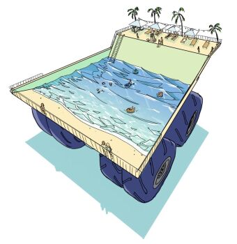 Rule 34 | 959, beach, beach chair, chair, dump truck, haul truck, highres, innertube, lifeguard, lifeguard chair, motor vehicle, original, palm tree, people, shadow, simple background, sitting, swim ring, swimming, tree, truck, umbrella, vehicle focus, wheel, white background