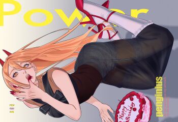 1girl alternate_costume birthday_cake black_shirt black_skirt blonde_hair cake chainsaw_man character_name cherry commentary_request cross-shaped_pupils demon_girl demon_horns food fruit happy_birthday high_heels highres horns long_hair open_mouth penginius power_(chainsaw_man) red_horns see-through_clothes see-through_skirt sharp_teeth shirt skirt solo stiletto_heels strappy_heels symbol-shaped_pupils teeth thighhighs white_thighhighs yellow_eyes