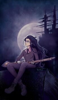 Rule 34 | 1girl, aircraft carrier, artist name, black boots, black hair, blue eyes, boots, formal clothes, freckles, full moon, glasses, gun, hellsing, highres, holding, holding gun, holding weapon, long hair, long sleeves, military vehicle, moon, musket, necktie, night, rip van winkle (hellsing), ship, sitting, sky, solo, suit, very long hair, warship, watercraft, weapon, yev alver