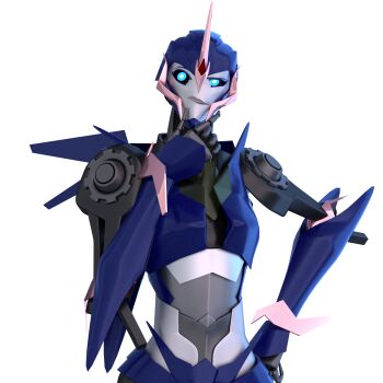 1girl 3d absurdres andypurro arcee arcee_(prime) blender_(medium) blue_eyes breasts hand_on_own_chin hand_on_own_hip highres humanoid_robot medium_breasts robot robot_girl solo transformers transformers_prime wings