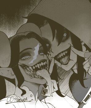 2girls highres long_tongue multiple_girls nyantcha tagme tongue tongue_out