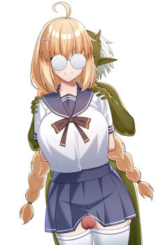 1boy 1girl absurdres aesc_(fate) aesc_(rain_witch)_(fate) ahoge arms_behind_back blue_skirt braid breasts clenched_teeth coke-bottle_glasses colored_skin commission commissioner_upload fate/grand_order fate_(series) glasses goblin green_skin hands_on_another&#039;s_shoulders highres imminent_rape large_breasts leiva non-web_source penis pointy_ears restrained school_uniform skirt teeth thighhighs twin_braids
