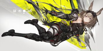 1girl animal_ears arknights arknights:_endfield avywenna_(arknights) bare_shoulders black_boots boots commentary_request grey_background grey_eyes grey_hair highres lm7_(op-center) logo looking_at_viewer official_art rabbit_ears rabbit_girl short_hair solo thigh_boots two-tone_background