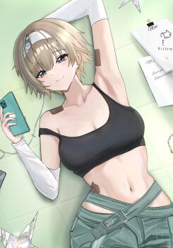1girl absurdres armpits black_sports_bra blue_eyes breasts cleavage closed_mouth collarbone commentary_request cowboy_shot detached_sleeves english_text foil foil_star goddess_of_victory:_nikke green_pants grey_hair hair_between_eyes headband highres holding holding_phone looking_at_viewer lying medium_breasts mole mole_on_stomach navel off_shoulder official_alternate_costume on_back pants partial_commentary phone prika_(cool_paprika)_(nikke) prika_(nikke) shadow sidelocks smile solo sports_bra stomach sunameri_(pixiv3564245) white_headband white_sleeves