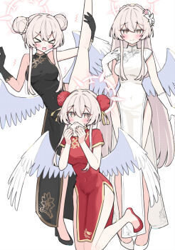 Rule 34 | > <, 1girl, :d, alternate costume, alternate hairstyle, black dress, black gloves, black shoes, blonde hair, blue archive, blush, braid, braided bun, breasts, china dress, chinese clothes, closed mouth, cosplay, crown braid, double bun, dress, feathered wings, flower, food, gloves, hair between eyes, hair bun, hair flower, hair ornament, high heels, highres, holding, holding food, kisaki (blue archive), kisaki (blue archive) (cosplay), large breasts, leg up, long hair, looking at viewer, nagisa (blue archive), open mouth, red dress, red shoes, sateto (user knrf2332), shoes, short sleeves, sidelocks, sleeveless, sleeveless dress, smile, standing, standing on one leg, steamed bun, sweatdrop, twintails, white dress, white flower, white gloves, white shoes, wings, xd, yellow eyes
