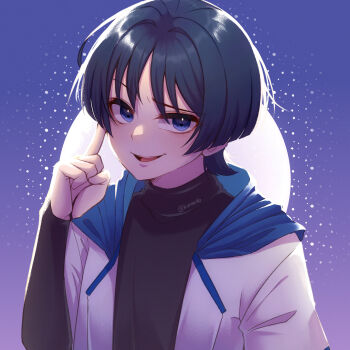 Rule 34 | 1boy, black shirt, blue background, blue eyes, blue hair, casual, choppy bangs, commentary, contemporary, eyeliner, genshin impact, grey jacket, hand up, highres, hood, hood down, hooded jacket, index finger raised, jacket, kuraedo, long sleeves, looking at viewer, makeup, male focus, open clothes, open jacket, open mouth, red eyeliner, scaramouche (genshin impact), shirt, short hair, solo, upper body