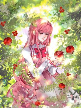 Rule 34 | 1girl, absurdres, bloom poetry (shining nikki), bush, chinese commentary, closed eyes, closed mouth, collared shirt, commentary request, cowboy shot, day, dress, eyelashes, flower, food, frilled shirt collar, frilled sleeves, frills, fruit, garden, high collar, highres, holding, holding food, holding fruit, light blush, light particles, light rays, lipstick, long hair, long sidelocks, long sleeves, makeup, nikki (nikki), nikki (series), outdoors, pinafore dress, pink dress, pink hair, pink lips, pleated dress, pomegranate, qingxu, red flower, shining nikki, shirt, sidelocks, sleeveless, sleeveless dress, solo, standing, very long hair, wavy hair, white shirt