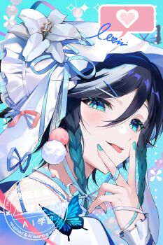 Rule 34 | 1boy, aqua nails, black hair, blue hair, braid, bug, butterfly, genshin impact, gradient hair, hair ornament, hairclip, hashtag-only commentary, highres, insect, looking at viewer, male focus, monini, multicolored hair, nail polish, short hair with long locks, tongue, tongue out, twin braids, v, venti (genshin impact), watermark