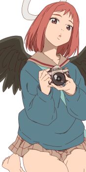 1girl :&lt; aiming aiming_at_viewer angel angel_wings aonori_misuji aqua_bag bag barefoot between_breasts black_feathers black_wings blue_sweater bob_cut breasts brown_eyes brown_sailor_collar brown_skirt camera commentary feathered_wings feathers flcl halo head_tilt holding holding_camera looking_at_viewer medium_hair miniskirt olympus_(company) parted_lips plaid_clothes plaid_skirt pleated_skirt red_hair red_trim sailor_collar samejima_mamimi school_uniform serafuku shoulder_bag simple_background single-lens_reflex_camera sitting skirt solo strap_between_breasts sweater taking_picture toes wariza white_background wings