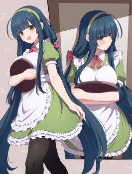 1girl absurdres alternate_costume blue_hair blush breast_press breasts commentary_request enmaided hairband highres holding holding_tray large_breasts long_hair maid pantyhose ruttse touhoku_zunko tray twintails very_long_hair voiceroid yellow_eyes