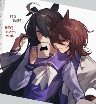 2girls agnes_tachyon_(umamusume) ahoge animal_ears animal_print artist_name black_hair blush bow bowtie brown_hair cat_print coat cup face-to-face flirting grey_hair hair_between_eyes hand_in_another's_hair highres holding holding_cup horse_ears horse_girl horse_tail lab_coat long_hair long_hair_between_eyes long_sleeves looking_at_another manhattan_cafe_(umamusume) medium_hair mug multicolored_hair multiple_girls parted_lips playing_with_another's_hair purple_sailor_collar purple_shirt sailor_collar school_uniform shirt single_ear_down smile sweatdrop tail tracen_school_uniform umamusume vamporu very_long_hair watermark white_bow white_bowtie white_coat yellow_eyes yuri