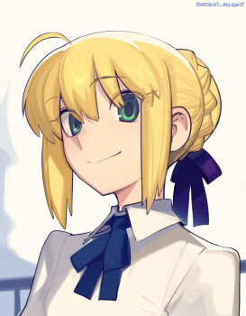 1girl ahoge artoria_pendragon_(fate) blonde_hair blue_ribbon blush boa_(brianoa) braid braided_bun breasts collared_shirt fate/stay_night fate_(series) green_eyes hair_bun hair_ribbon highres long_sleeves looking_at_viewer medium_hair neck_ribbon ribbon saber_(fate) shirt sidelocks small_breasts smile solo white_shirt