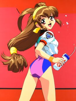 1990s_(style) 1girl antenna_hair ass battle_athletes bottle brown_eyes brown_hair cowboy_shot cropped_shirt drinking_straw emblem gym_uniform hairband highres holding holding_bottle kanzaki_akari leotard long_hair looking_at_viewer low-tied_long_hair non-web_source official_art open_mouth red_background retro_artstyle shirt short_sleeves solo sports_bottle wristband yellow_hairband