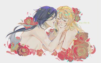 2girls artist_name blonde_hair chaicha clorinde_(genshin_impact) closed_eyes closed_mouth commentary english_commentary flower genshin_impact grey_background hand_on_another's_face highres lipstick_mark lipstick_mark_on_face long_hair multiple_girls navia_(genshin_impact) nude purple_eyes purple_hair red_flower red_lips red_rose rose simple_background yuri