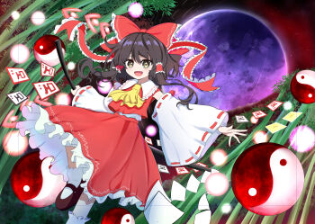 1girl absurdres ascot bamboo bamboo_forest bow brown_eyes brown_hair brown_shoes commentary_request danmaku detached_sleeves forest frilled_bow frilled_hair_tubes frilled_skirt frills full_moon gohei guminemi hair_bow hair_tubes hakurei_reimu highres holding holding_gohei imperishable_night long_hair looking_at_viewer moon nature ofuda open_mouth orb outdoors purple_moon red_bow red_skirt red_sky ribbon-trimmed_sleeves ribbon_trim shoes skirt skirt_set sky smile socks solo touhou white_socks yellow_ascot yin_yang yin_yang_orb