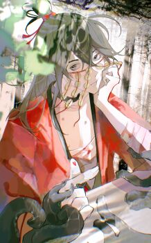 1boy aaawwwssslll bandaged_arm bandaged_chest bandages bishounen black_eyes black_hair blood blood_on_arm blood_on_chest bloody_bandages blurry blurry_foreground chinese_clothes chinese_commentary chromatic_aberration closed_mouth coin coin_mask creature dao_gui_yi_xian dappled_sunlight finger_heart hair_between_eyes hair_bun hair_ribbon hand_on_own_cheek hand_on_own_face hanfu head_rest heart hickey highres holding holding_creature holding_tentacle holed_coin leaf li_huowang li_sui_(tentacles) liquid long_hair looking_at_viewer male_focus mask messy_hair mouth_veil open_clothes open_robe red_ribbon red_robe ribbon robe single_hair_bun solo string sunlight table tentacles tree upper_body veil