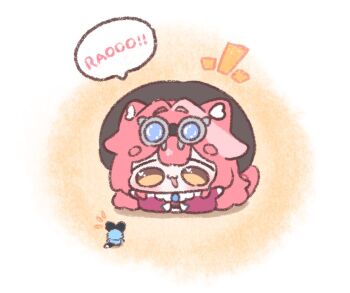 1girl :3 animal_ears beret black_hat blue_gemstone blush chattino_(raora_panthera) chibi chibi_only coat commentary english_commentary gem giant giantess goggles goggles_on_head hair_intakes hat heart heart_in_eye hololive hololive_english long_hair maronsd_(maron_04242525) multicolored_hair notice_lines open_mouth panther_ears panther_girl pink_coat pink_hair pink_tail raora_panthera raora_panthera_(1st_costume) simple_background size_difference smile speech_bubble streaked_hair symbol_in_eye virtual_youtuber white_background yellow_eyes