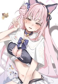 1girl angel_wings animal_ear_hairband animal_ears bell black_bra black_hairband black_panties black_ribbon blue_archive blush bow bowtie bra brown_eyes capelet cat_cutout cat_ear_hairband cat_ears cat_emoji cat_lingerie cat_tail choker claw_pose cleavage_cutout clenched_hand_emoji clothing_cutout coa_(35_seno) commentary cowboy_shot crescent crescent_ornament cross ear_bell ear_ribbon embarrassed emoji fake_animal_ears flower frilled_bra frilled_panties frills furrowed_brow greek_cross hair_behind_ear hair_bun hair_flower hair_ornament hairband halo hand_up heart heart-shaped_eyes holding holding_flower jingle_bell jpeg_artifacts long_hair looking_at_viewer low_wings mika_(blue_archive) multi-strapped_panties narrowed_eyes navel neck_bell panties panty_straps parted_lips pink_hair pink_halo puritan_collar purple_bow purple_bowtie purple_choker purple_flower red_flower red_rose ribbon rose side_ahoge side_up_bun simple_background single_side_bun smiling_face_with_heart-shaped_eyes_emoji solo stomach sweatdrop tail tail_raised underwear very_long_hair white_background white_capelet white_wings wing_ornament wings