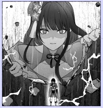 1boy 1girl @_@ arm_at_side armor asymmetrical_sidelocks blunt_bangs blunt_ends border breasts cleavage closed_mouth electricity eyeshadow fan_hair_ornament fingernails flower furisode genshin_impact greyscale hair_flower hair_ornament hand_over_eye japanese_armor japanese_clothes juban kimono kote long_hair long_sidelocks looking_at_viewer makeup middle_ring mitsudomoe_(shape) mole mole_under_eye monochrome mother_and_son o-ring open_clothes open_kimono purple_border raiden_shogun ringed_eyes roge_gnsn rope rubble sash scaramouche_(genshin_impact) shaded_face shimenawa short_sleeves shorts shrug_(clothing) sidelocks standing straight-on swept_bangs tassel tassel_hair_ornament tomoe_(symbol) tsurime