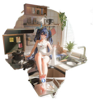 1girl absurdres apron bare_legs barefoot beads blue_eyes blue_hair blush bottle bowl breasts carrot chalkboard chinese_commentary cleavage clock commentary_request cucumber cutting_board faucet hair_ornament highres holding_apron indoors iuno_(wuthering_waves) jar jewelry kitchen large_breasts leaf leaf_hair_ornament long_hair naked_apron necklace nereus_(ta03545) no_panties photo_(object) plate sitting soles solo tacet_mark_(wuthering_waves) toenails toes twintails very_long_hair white_apron window wuthering_waves