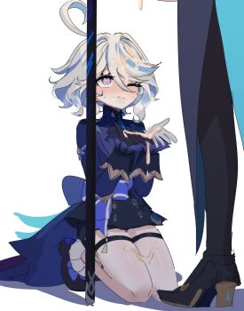 1boy 1girl absurdres ascot asymmetrical_gloves black_ascot black_gloves black_pants blue_eyes blue_hair blue_jacket blue_sleeves blush bow cane cowlick furina_(genshin_impact) genshin_impact gloves hair_between_eyes hair_intakes heart heart-shaped_pupils high_heels highres hiji_(hijichan) jacket kneeling light_blue_hair liquid lolita_fashion long_sleeves looking_up mismatched_gloves multicolored_hair neuvillette_(genshin_impact) one_eye_closed open_hands ouji_fashion own_hands_together pants puffy_cheeks shoes short_hair shorts standing suggestive_fluid sweat swept_bangs symbol-shaped_pupils thigh_strap two-tone_hair white_gloves white_hair white_trim