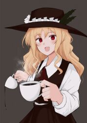 Rule 34 | 1girl, :d, blonde hair, blush, book, brown background, brown hat, brown skirt, brown vest, coffee, coffee mug, collared shirt, commentary request, cowboy shot, cup, dolls in pseudo paradise, frilled hat, frills, happy, hat, hat feather, highres, holding, holding book, iyo mamoru, jacket girl (dipp), long hair, long sleeves, looking at viewer, mug, neck ribbon, open mouth, red eyes, red ribbon, ribbon, shirt, simple background, skirt, smile, solo, spilling, touhou, vest, white shirt
