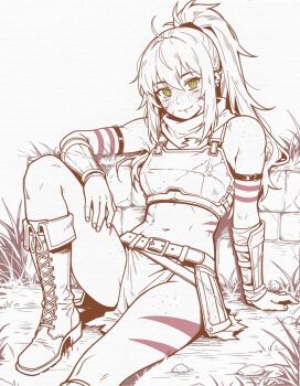 Rule 34 | 1girl, ahoge, arm strap, arm support, belt, blush, body freckles, boots, caffichai, closed mouth, commentary, commission, english commentary, foot out of frame, freckles, grass, green eyes, hair between eyes, head tilt, highres, long hair, looking at viewer, navel, on ground, original, ponytail, shoulder freckles, sidelocks, sitting, solo, thigh freckles, white background