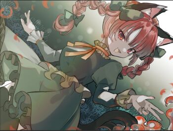 1girl :3 :d animal_ear_fluff animal_ears bow braid breasts cat_ears cat_girl cat_tail commentary_request frilled_shirt frilled_skirt frills gradient_background green_background green_bow green_shirt green_skirt hair_bow hall_jion juliet_sleeves kaenbyou_rin long_hair long_sleeves looking_at_viewer multiple_tails open_mouth puffy_sleeves red_eyes red_hair shirt side_braids skirt smile solo tail touhou twin_braids two_tails