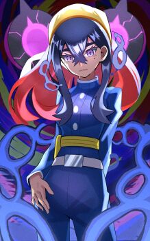 1girl black_hair blue_jacket blue_pants blueberry_academy_school_uniform carmine_(pokemon) closed_mouth colored_inner_hair commentary_request crossed_bangs expressionless fanny_pack hair_between_eyes hairband highres inana_umi jacket long_hair long_sleeves looking_at_viewer mind_control mole mole_under_eye multicolored_hair nintendo pants pecharunt pokemon pokemon_(creature) pokemon_sv purple_eyes red_hair school_uniform two-tone_hair yellow_hairband