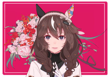 1girl animal_ears asymmetrical_gloves black_gloves black_shirt braid braided_sidelocks brown_hair commentary curren_bouquetd&#039;or_(umamusume) dress ear_covers flower gloves grey_eyes hair_between_eyes hair_ornament hairband horse_ears horse_girl kyashiyo long_braid long_hair looking_at_viewer low_twin_braids mismatched_ear_covers mismatched_gloves own_hands_clasped own_hands_together parted_lips shirt smile solo twin_braids umamusume upper_body white_dress white_gloves white_streaks
