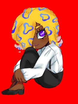 1girl black_pants black_shoes black_suspenders cephalopod_eyes dark-skinned_female dark_skin hair_over_one_eye highres hugging_own_legs knees_up nintendo no_11_333 octoling orange_hair pants patterned_hair purple_eyes red_background shirt shoes simple_background sitting solo splatoon_(series) splatoon_3 tao_blu_(splatoon) tentacle_hair white_shirt