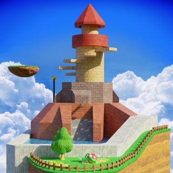 3d bad_id bad_twitter_id blender_(medium) cloud commentary english_commentary fence floating_island highres mario_(series) mary_in_the_stars nintendo no_humans piranha_plant plant scenery sky super_mario_64 tower tree