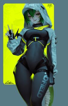 1girl absurdres arknights arknights:_endfield bekus bodysuit breasts commentary english_commentary fluorite_(arknights) green_hair green_skirt highres hood medium_breasts medium_hair shrug_(clothing) skirt solo standing tail thigh_gap