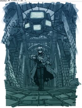 2girls amputee android architecture art_program_in_frame art_program_request blue_theme bodysuit bodysuit_under_clothes border carrying carrying_person coat crt dilapidated ephe99261012 fisheye floating_clothes from_below full_body glowing glowing_eyes hair_over_one_eye indoors marie_(peripeteia) mechabare monochrome multiple_girls nietzschka_(peripeteia) open_clothes open_coat painterly peripeteia perspective pillar popped_collar quadruple_amputee robot_girl short_hair television torn_clothes torn_coat trench_coat vanishing_point walking_towards_viewer white_border