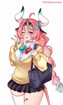 1girl adapted_costume ahoge animal_ears aqua_bow aqua_bowtie aqua_hair arms_up artist_name bag bandaid bandaid_on_leg bell black_bag black_headband black_skirt blush bow bowtie breasts cleavage collared_shirt commentary cow_ears cow_girl cow_horns cowbell ear_bell genshin_impact hair_between_eyes hashtag-only_commentary headband highres horns large_breasts long_hair long_sleeves looking_at_viewer miniskirt multicolored_hair one_eye_closed open_mouth pink_hair pleated_skirt purple_eyes red_bow red_bowtie shirt shoulder_bag simple_background single_thighhigh skirt solo streaked_hair sweater tail teeth thighhighs tomatolaccoon two-tone_bow two-tone_bowtie upper_teeth_only varesa_(genshin_impact) very_long_hair white_background white_shirt white_thighhighs yellow_sweater