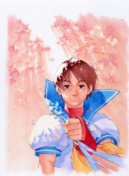 Rule 34 | 1girl, ahoge, blue sailor collar, brown eyes, brown hair, cherry blossoms, clenched hand, edaki shin'ya, fingerless gloves, game cg, gloves, headband, highres, holding, holding headband, kasugano sakura, light rays, looking at viewer, mma gloves, necktie, non-web source, official art, outdoors, petals, puffy short sleeves, puffy sleeves, ribbon, sailor collar, school uniform, serafuku, shirt, short hair, short sleeves, smile, solo, street fighter, street fighter zero (series), turtleneck, upper body, white headband, wind, wind lift