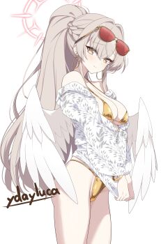 Rule 34 | 1girl, absurdres, alternate costume, angel wings, artist name, bikini, blue archive, breasts, brown hair, cleavage, closed mouth, collarbone, commentary request, feathered wings, gold bikini, golden week, halo, highres, looking at viewer, low wings, nagisa (blue archive), nagisa (swimsuit) (blue archive), official alternate hairstyle, pink halo, ponytail, red-tinted eyewear, shiny swimsuit, simple background, solo, sunglasses, swimsuit, tinted eyewear, white background, white wings, wings, ydayluca, yellow eyes