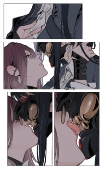2girls black_hair hand_on_another's_neck highres licking long_hair maiqo mask multiple_girls oni_mask path path_to_nowhere rahu_(path_to_nowhere) road shalom_(path_to_nowhere) tagme tongue tongue_out twitter_username