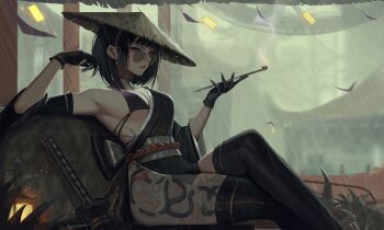 1girl black_bra black_gloves black_hair black_thighhighs bra eyewear_on_head gloves hat highres japanese_clothes jingasa looking_at_viewer neo_(neorarty3) outdoors rain samurai short_hair sitting sunglasses tattoo thighhighs underwear