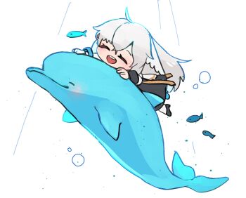 1girl arch_bishop_(ragnarok_online) black_dress black_shoes chibi chibi_only closed_eyes commentary_request datenshi_no_fu dolphin dress feathered_wings fish full_body grey_hair head_wings highres long_hair open_mouth ragnarok_masters ragnarok_online shoes simple_background smile solo white_background white_wings wings