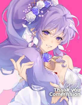 1girl bare_shoulders breasts bride cleavage commission commissioner_upload earrings fire_emblem fire_emblem:_genealogy_of_the_holy_war fire_emblem_heroes flower grin hair_flower hair_ornament hair_over_shoulder high_ponytail highres ishtar_(bride)_(fire_emblem) ishtar_(fire_emblem) jewelry large_breasts looking_at_viewer nintendo official_alternate_costume pink_background ponytail purple_eyes purple_hair skeb_commission smile solo val_yoduki watermark