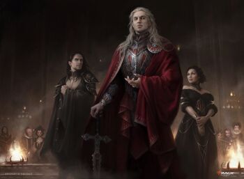 architecture armor black_hair breasts building cape cleavage commentary copyright_notice dress edgar_markov english_commentary flying_buttress full_body gothic_architecture holding holding_sword holding_weapon innistrad_(plane) long_hair looking_at_viewer magic:_the_gathering martina_fackova multiple_boys multiple_girls ponytail red_eyes smile solo_focus sword vampire weapon white_hair