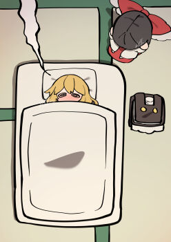 2girls @_@ absurdres blonde_hair blush bow brown_hair clothes_on_floor commentary_request detached_sleeves folded_clothes frilled_bow frills futon hair_bow hakurei_reimu highres instant_loss kirisame_marisa long_hair lying multiple_girls niru_(ka_k_0517) on_back red_bow red_skirt signature skirt touhou unworn_clothes yuri