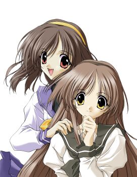 absurdres black_hairband bow bowtie brown_hair hairband highres hizuki_ayaka imasaka_yue memories_off memories_off_1 non-web_source official_art open_mouth sailor school_uniform short_hair smile yellow_bow yellow_bowtie yellow_hairband