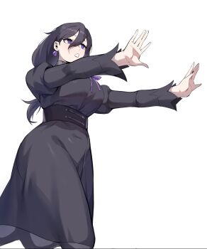 1girl @_@ black_corset black_dress black_hair blue_eyes breasts commentary corset covered_navel dawalixi dress earrings feet_out_of_frame hair_between_eyes hex_maniac_(pokemon) hex_maniac_(pokemon_legends:_z-a) highres jewelry juliet_sleeves large_breasts lipstick long_hair long_hair_between_eyes long_sleeves makeup nail_polish nintendo open_hands outstretched_arms parted_lips pokemon pokemon_legends:_z-a puffy_sleeves purple_lips purple_nails purple_ribbon ribbon simple_background solo sphere_earrings standing symbol-only_commentary textless_version underbust white_background