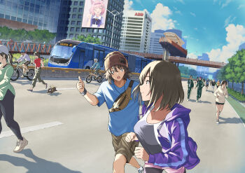 1boy 1girl :o absurdres aldo_(yudhacakranidji) allianz articulated_bus beanie bicycle bicycle_lane black_eyes black_hair black_pantyhose black_shoes black_tank_top blue_shirt blue_sky breasts bridge brown_hat brown_shorts building bus character_request check_character check_copyright cityscape closed_mouth cloud commentary copyright_request crossbody_bag crossover day drawstring english_commentary exercising fanny_pack grass hair_between_eyes haru_urara_(umamusume) hat highres hood hood_down hooded_jacket jacket jakarta jewelry jogging lamppost long_sleeves looking_at_another medium_breasts motor_vehicle nam-gyu nayla_(yudhacakranidji) necklace open_clothes open_jacket open_mouth original outdoors p-chan pantyhose pedestrian_bridge people pointing_with_thumb profile purple_jacket ranma_1/2 real_world_location road running saotome_ranma scenery shadow shirt shoes short_hair short_sleeves shorts sky skyscraper slice_of_life smile socks squid_game sweatband sweatdrop t-shirt tank_top thanos_(squid_game) tree umamusume walking white_socks yudhacakranidji