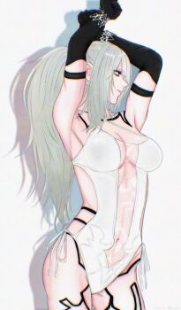 1girl a2_(nier:automata) armpits arms_up bare_shoulders black_gloves body_markings breasts cleavage covered_navel cowboy_shot elbow_gloves gloves grey_hair hair_between_eyes hair_over_one_eye highres large_breasts leotard lux_spei navel nier:automata nier_(series) parted_lips plunging_neckline ponytail see-through_clothes see-through_leotard solo white_background white_leotard