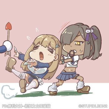 1boy 2girls anger_vein artist_name black_panties blue_necktie blue_sweater breasts brown_eyes brown_hair chibi claw_ring closed_eyes collared_shirt cropped_shirt dark-skinned_female dark_skin goddess_of_victory:_nikke hair_ornament hair_tie highres holding large_breasts light_brown_hair long_hair loose_socks mouth_hold multiple_girls naga_(nikke) nail_polish necktie one_eye_covered panties pantyhose pleated_skirt pulling shirt short_sleeves side_ponytail skirt socks string_panties stupidleon2 sweater tia_(nikke) underwear white_pantyhose white_shirt white_socks