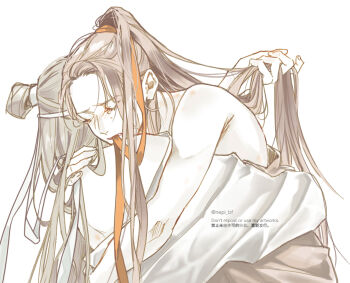 2boys anal bare_shoulders black_hair black_robe blush brown_hair closed_eyes commentary_request couple crying eyelashes hair_ribbon hand_in_another's_hair headband hickey holding_another's_hair hug implied_sex lan_wangji long_hair male_focus modao_zushi mouth_hold multiple_boys off_shoulder open_clothes open_robe pale_color partially_undressed ponytail red_ribbon ribbon ribbon_in_mouth robe sex sidelocks simple_background sitting sitting_on_lap sitting_on_person straddling tears topknot twitter_username upper_body upright_straddle very_long_hair wei_wuxian white_background white_headband white_robe xiao_guan_(headdress) yaoi ykmr_(haga)