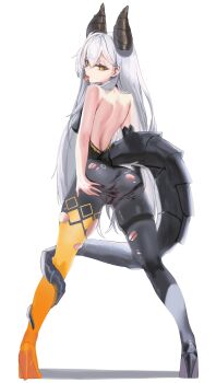 Rule 34 | 1girl, absurdres, asymmetrical footwear, asymmetrical legwear, back cutout, bare back, bare shoulders, black gloves, black horns, black leggings, black shoes, clothing cutout, elbow gloves, from behind, full body, gloves, hair between eyes, hair over shoulder, hand on own ass, high heels, highres, horns, krabking, leggings, long hair, looking at viewer, multicolored leggings, original, shoes, single elbow glove, sleeveless, solo, spread pussy, spread pussy under clothes, tail, thigh strap, tongue, tongue out, torn clothes, torn leggings, two-tone leggings, white hair, yellow eyes, yellow leggings, yellow shoes